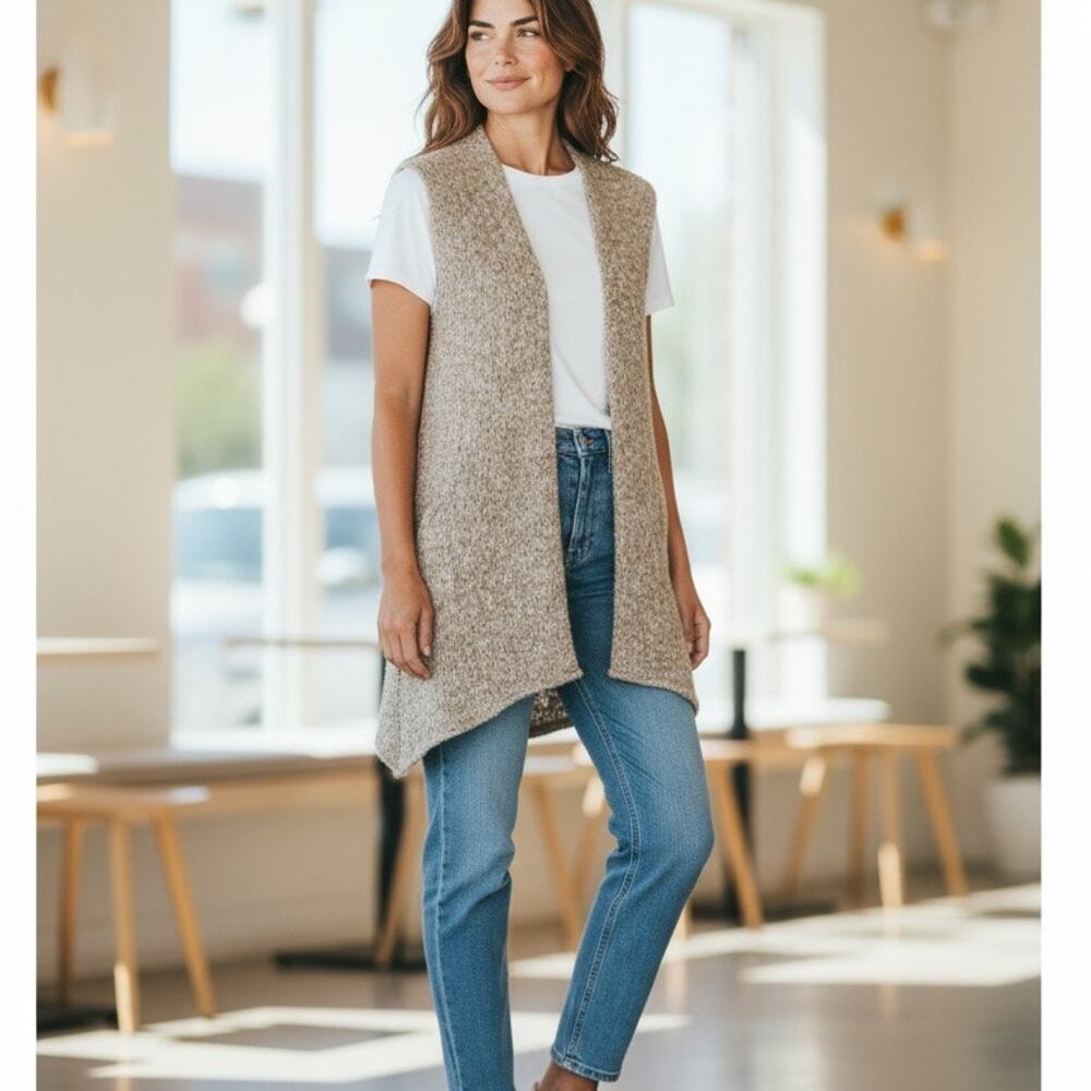 Eskandar Sweater Waistcoat Lagenlook Open Vest One Size Handloom Designer Knit